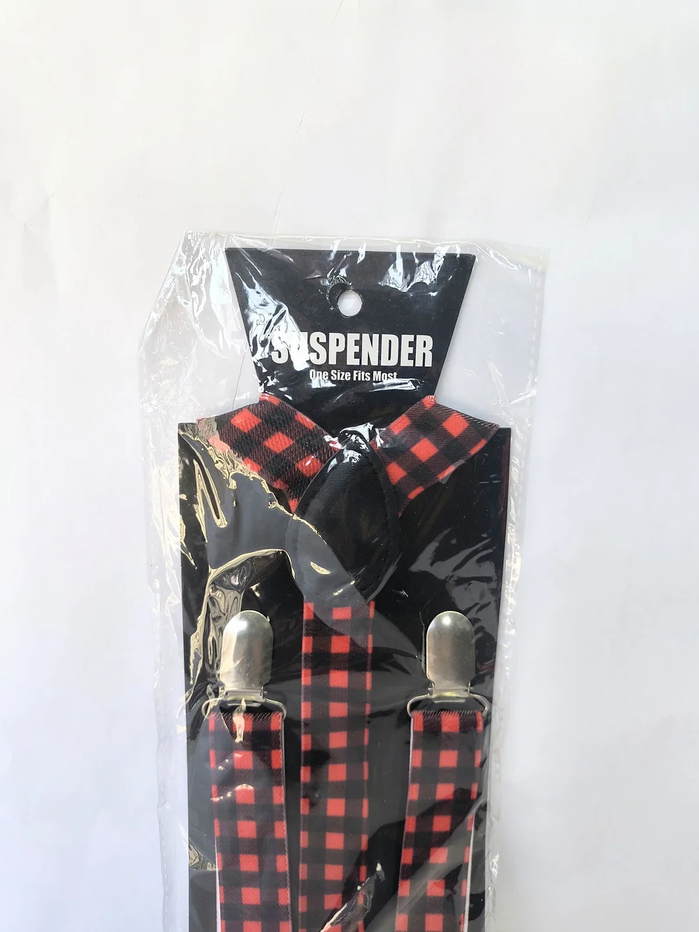 KALAN Boys Red Black Plaid Gingham Elastic Suspenders New